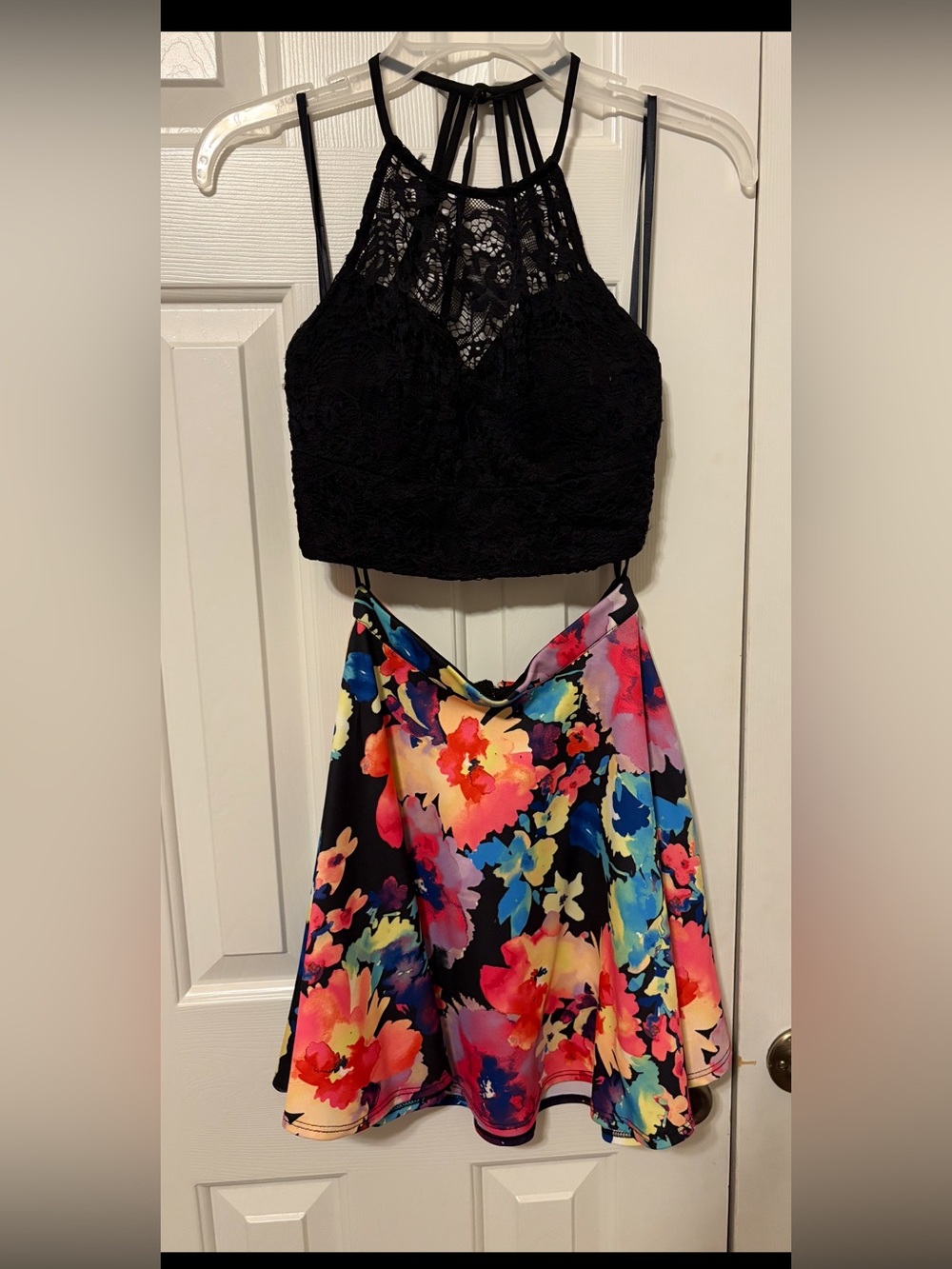 B Darlin Black Lace Crop Top with Multicolor Floral Mini Skirt